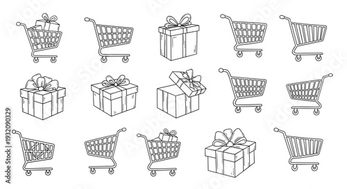 Collection of shopping carts and gift boxes in various styles