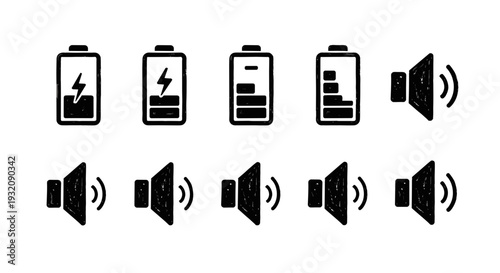Set of various battery icons and speaker symbols