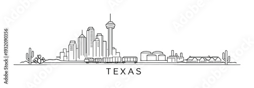 Texas skyline with tower, train and industrial tanks on plain