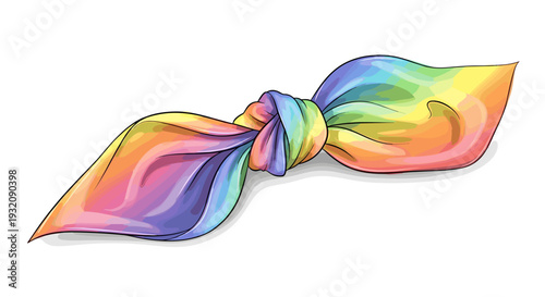 Colorful rainbow silk scarf tied in a knot on a plain background