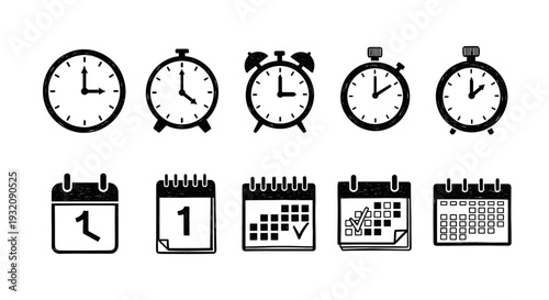 Collection of various clocks and calendars showing time and date