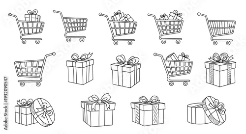 Collection of shopping carts and gift boxes in line art style