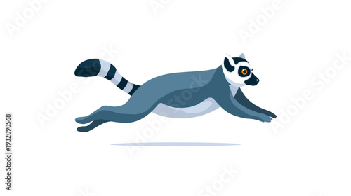 A gray lemur in a leaping pose with its striped tail raised. Simple graphic style on white
