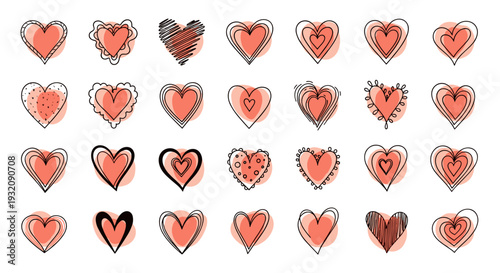 Collection of handdrawn watercolor hearts in various styles and colors