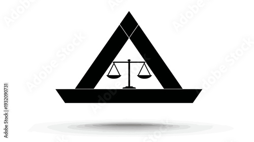 A black and white logo featuring a stylized balance scale within a triangular frame and horizontal bar, with a shadow