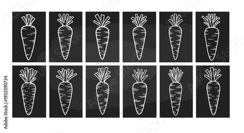 Multiple black and white illustrations of carrots arranged in a grid