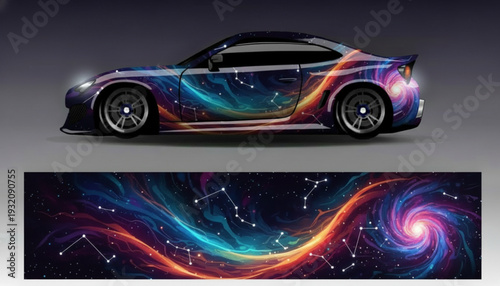 A car with a vibrant galaxy and nebula wrap design, featuring swirling cosmic colors and constellations.
