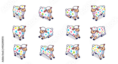 Set of twelve colorful cartoon cows with various playful poses