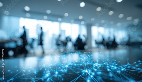 Abstract Network of Glowing Blue Lights Overlaying a Blurred Business Office Scene.