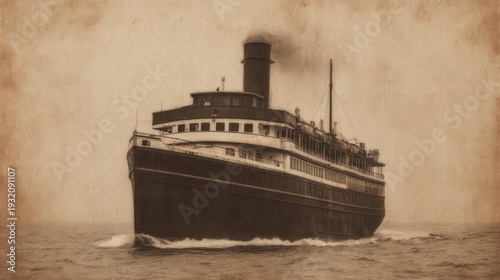 A vintage steamship sails through foggy waters, showcasing its historic design and charm in a sepia-toned atmosphere.