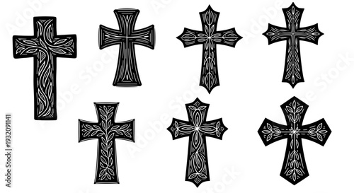 Set of eight decorative crosses with textured patterns and designs