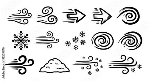 Collection of wind and weather icons including snowstorm and clouds