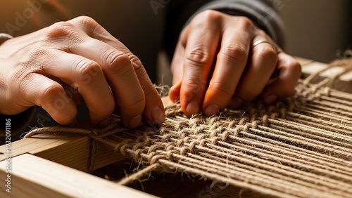 Hands weaving on wooden loom with natural twine, handcrafted textile