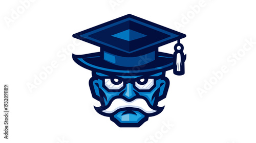 A stylized cartoon illustration of a stern looking face wearing a graduation cap, in shades of blue