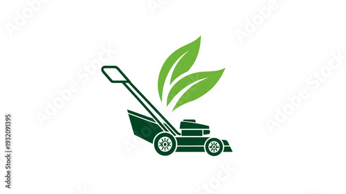 A green lawnmower with leaves logo on a white background, representing eco-friendly lawn care