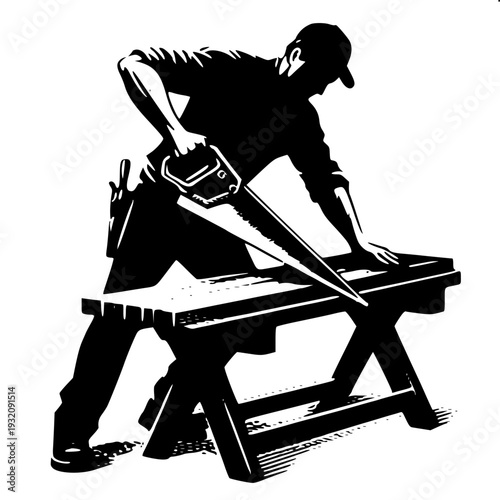 Hand Sawing Wood Plank Carpentry Icon Silhouette