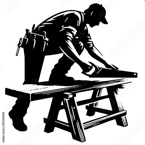 Carpenter Using Hand Saw Workshop Scene Silhouette
