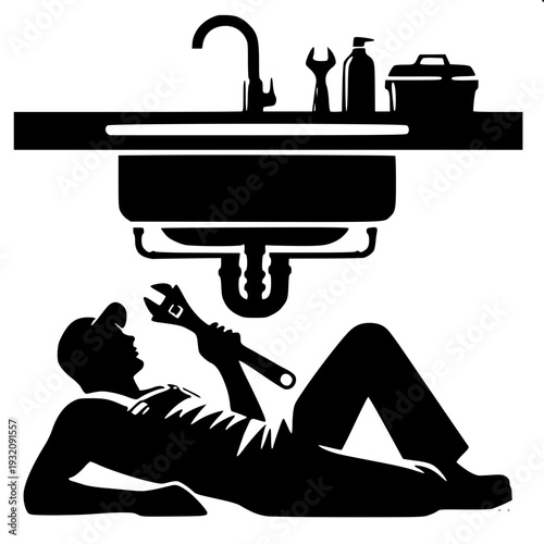 Plumber Working Under Sink Home Maintenance Silhouette