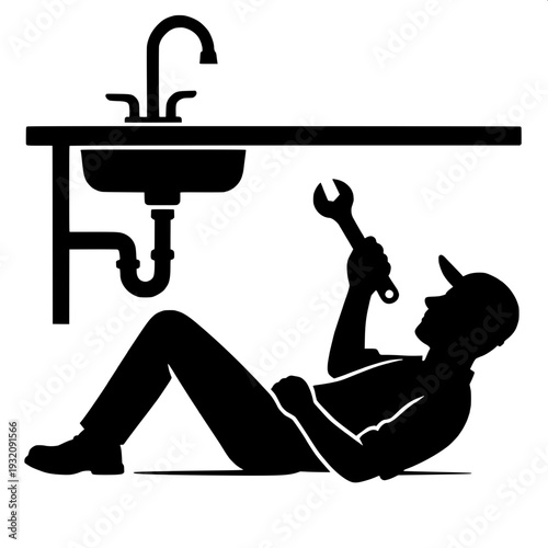 Handyman Repairing Kitchen Sink Plumbing Silhouette