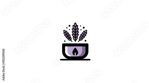 A stylized illustration features a bowl with three lavender sprigs and a flame on a white background