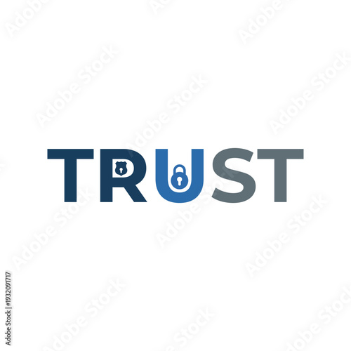 Minimalist TRUST wordmark with padlock icons in negative space, professional corporate typography for cybersecurity and financial safety, blue vector logo design