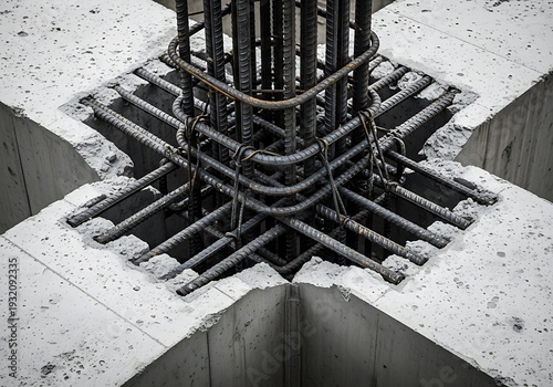 Reinforced concrete structure with visible steel reinforcement cage and foundation
