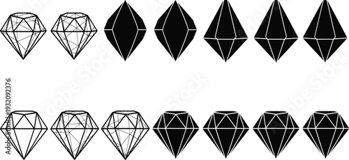 Geometric diamond shapes, black and white crystal illustration, gemstone outline, polygonal jewelry icon set, abstract precious stone vector design