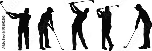 Golfer silhouette, golf swing poses, golfing stance vector, putting clipart, driver swing silhouette, male golfer motion, tee shot graphic