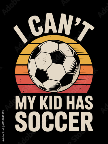 A humorous graphic features a soccer ball centered against a retro sunset background, with bold text above and below it. The image has a playful and vintage feel.