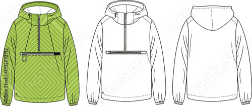 Half-zip hooded jacket vector template with diagonal chest pocket, front and back views, elastic hem, drawstring hood, CAD mockup