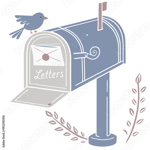 Classic blue mailbox with open door revealing letter and friendly bird perched on roof symbolizing communication