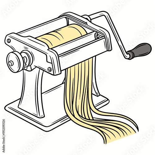 Manual pasta maker machine transforming fresh yellow dough into long strands of homemade tagliatelle pasta