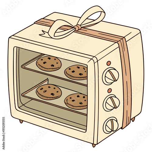 Vintage toaster oven gift wrapped with bow containing freshly baked chocolate chip cookies for holiday gifting