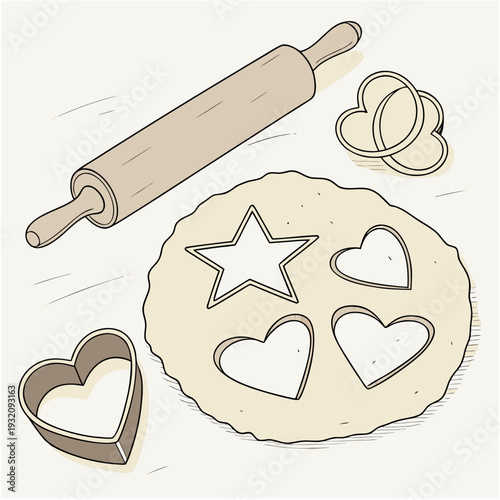 Baking preparation with wooden rolling pin flattening cookie dough marked with star and heart shaped cutters