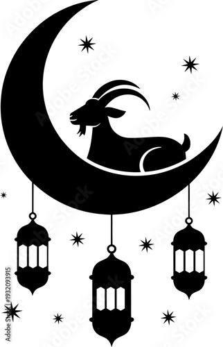 Flowing hair maiden reclining on crescent arc with hanging lantern cluster, dreamy nocturnal celebration artwork, enchanting festive character for decor prints, apparel graphics, ramadan silhouette