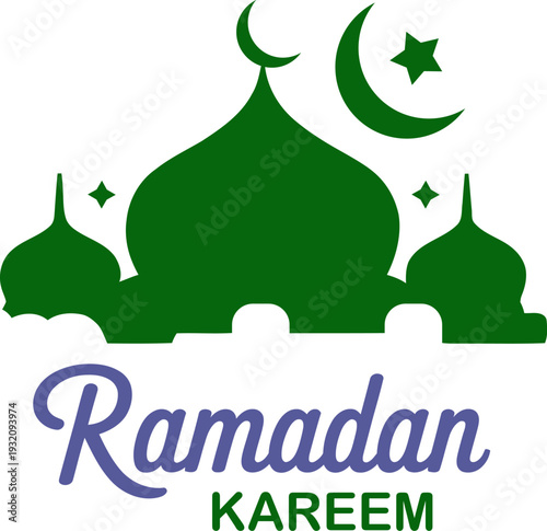Star paired crescent over layered mosque domes in bold green tone, joyful spiritual observance graphic, festive greeting badge for posters, merchandise prints, simplified flat silhouette vector