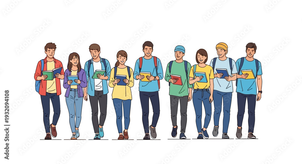 Fototapeta premium Illustration of diverse group of people walking together on Read Across America Day with books and backpacks in a colorful design.