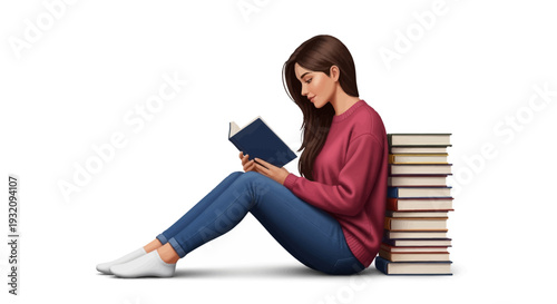 A young woman sits on the floor with a stack of books behind her, reading a book on Read Across America Day with a thoughtful expression.