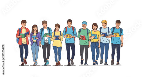 Illustration of diverse group of people walking together on Read Across America Day with books and backpacks in a colorful design.