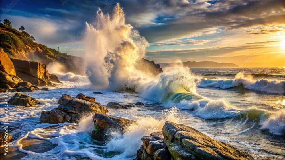 Fototapeta premium A photo of crashing waves against a rocky shore Waves spray water high into the air The sound of breaking waves echoes over the water White foam li