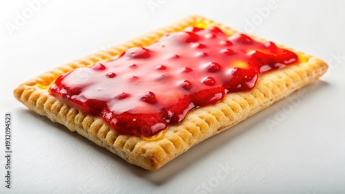 A photo of a frosted strawberry pop tart isolated over a pristine white background, showcasing its vibrant red and yellow colors and delicate packagin
