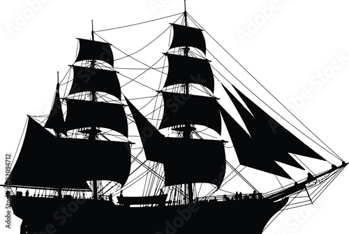 Black and white illustration of a three masted sailing ship