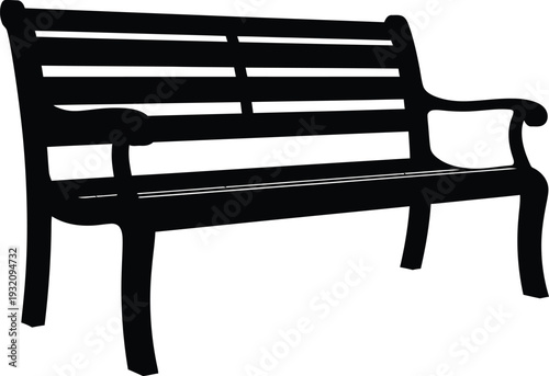 A black wooden bench with armrests on a white background