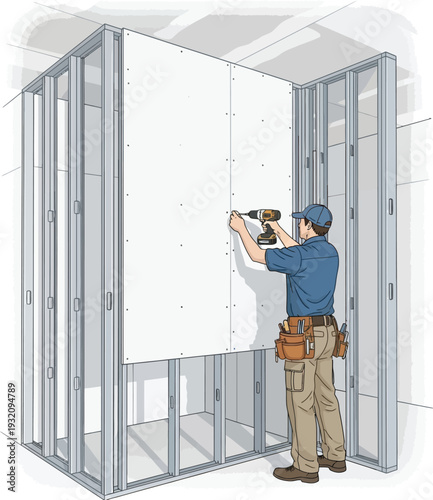 Construction worker installing drywall on metal framing in a room with a power drill and tool belt