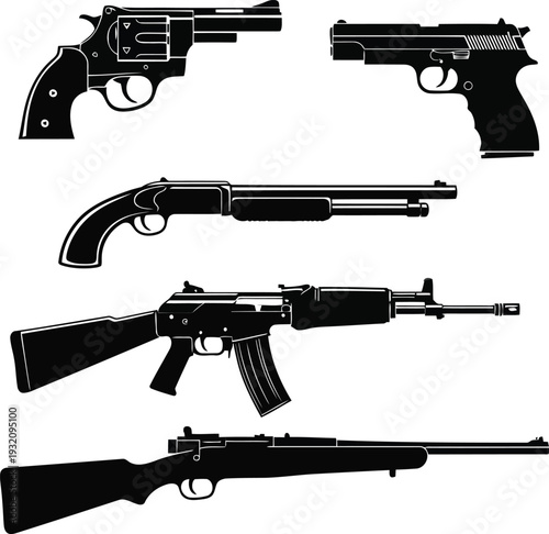 Black Silhouette Set of Handguns, Shotgun, Rifle, and Assault Weapon Vector Illustration