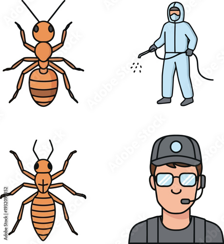 Ant pest control service icons set with exterminator, technician, and insect illustration