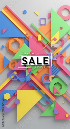 Vibrant three dimensional geometric shapes create a dynamic background for a promotional announcement