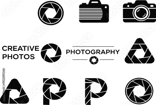 Creative photography logo collection, modern camera icons, lens aperture symbol design, professional photo branding, abstract graphic elements, minimalist style