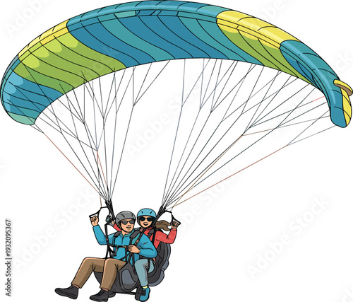 Couple enjoying tandem paragliding adventure, flying together under colorful parachute, extreme outdoor sport, mountain travel activity, sky adventure, recreational tourism
