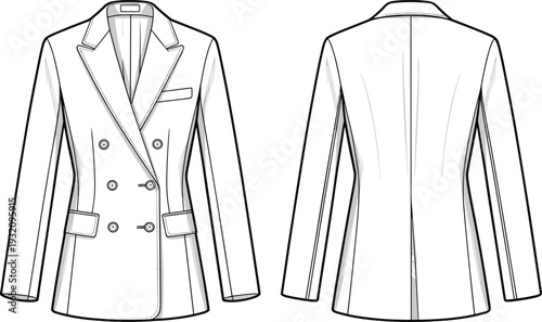 Double breasted blazer, women’s fashion jacket, technical flat sketch, CAD drawing, tailored coat, vector fashion template, formal outerwear design